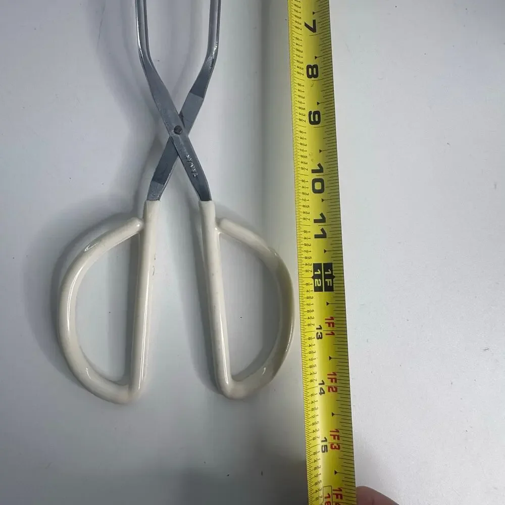 Vintage Stainless Steel Scissor Tongs Taiwan 14” White Coated Handle